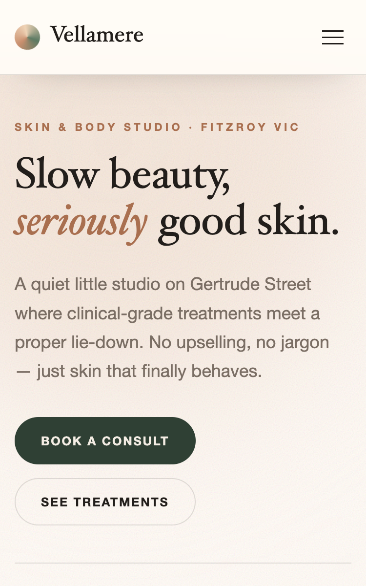 The Vellamere Skin & Body Co. concept homepage on a phone screen, with treatment listings and an enquiry button.